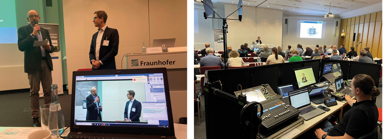 Links: Chefredateur Thomas Altmann moderiert die 12. BauSV-Tagung, rechts: Ansicht des Vortragssaals im Fraunhofer-Institutszentrum Stuttgart